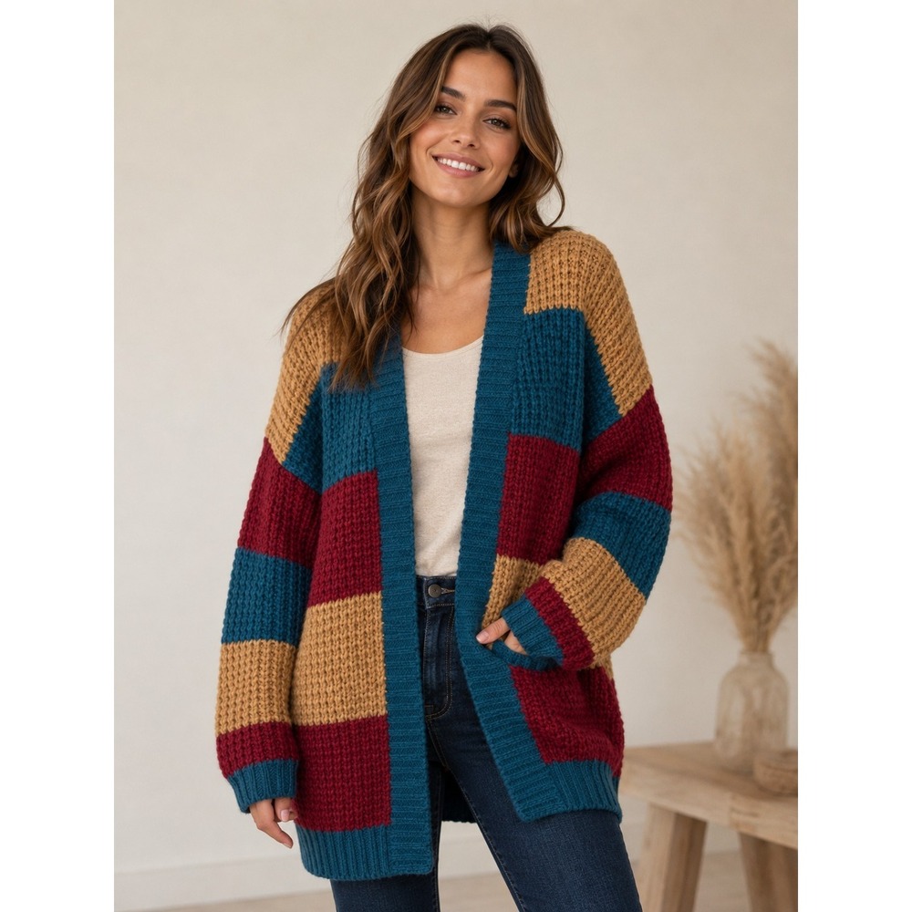 Baltic Born Jonah Chunky Knit Cardigan Deep Topaz Multi Striped M/L Hygge Layers